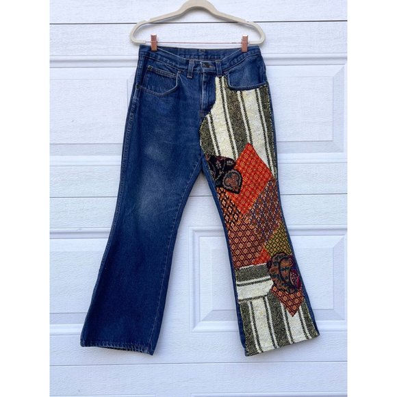 Reworked Vintage 60s 70s Retro Patchwork Statement Flare Dark Wash Jeans - Picture 5 of 8